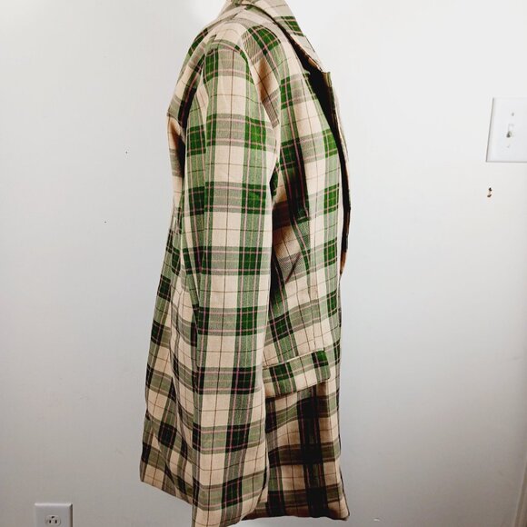 Bardot, Plaid Long Blazer Jacket Green & Soft Gold, Pink Highlight Medium Preppy - Picture 7 of 15